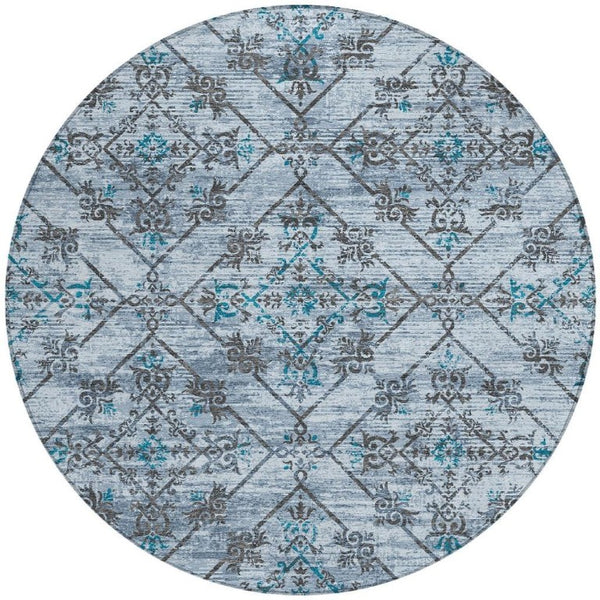 8 Ft Round Geometric Polyester Area Rug in Blue and Ivory for Indoor Outdoor Use