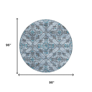 8 Ft Round Geometric Polyester Area Rug in Blue and Ivory for Indoor Outdoor Use