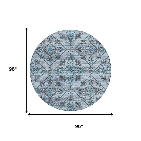8 Ft Round Geometric Polyester Area Rug in Blue and Ivory for Indoor Outdoor Use