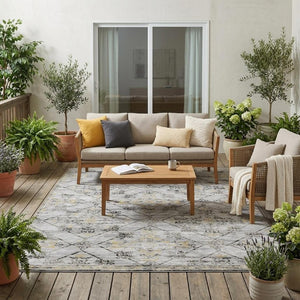 5x8 Geometric Polyester Area Rug Stain Resistant Indoor Outdoor Silver Ivory