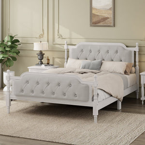 English Elm Traditional Solid Wood Bed Frame with Tufted Upholstered Headboard, No Box Spring Needed, Sturdy 400 lb Capacity Antique White 57.5 L x 22.5 W x 10.5 H N701P242546K