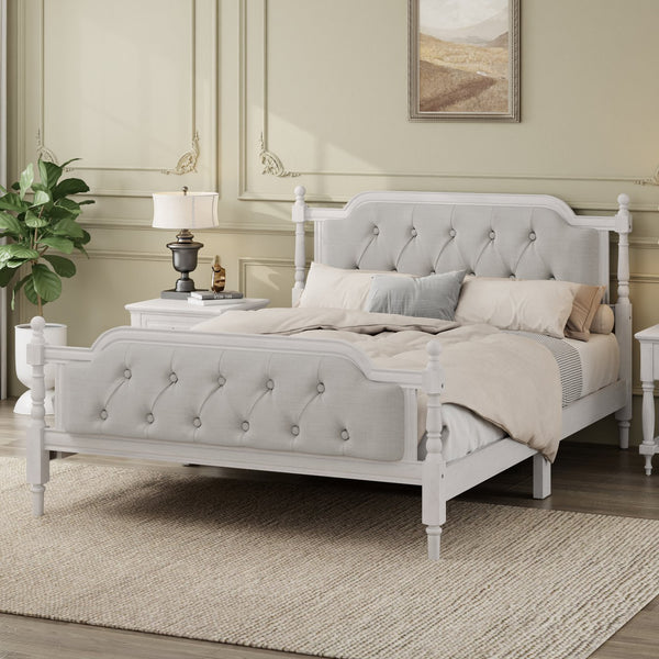 English Elm Traditional Solid Wood Bed Frame with Tufted Upholstered Headboard, No Box Spring Needed, Sturdy 400 lb Capacity Antique White 57.5 L x 22.5 W x 10.5 H N701P242546K