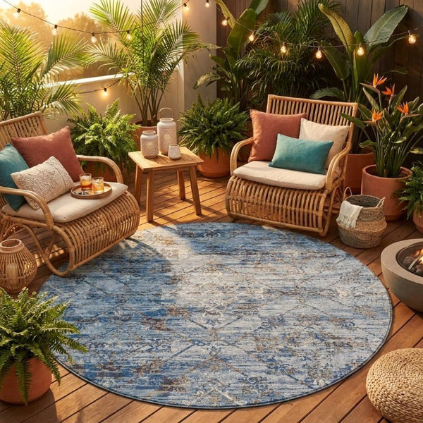 8 Ft Round Geometric Polyester Area Rug Washable Sky Blue Ivory Indoor Outdoor