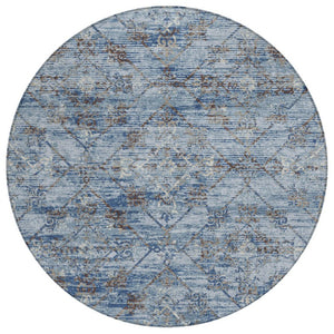 HomeRoots 8 Ft Round Geometric Polyester Area Rug Washable Sky Blue Ivory Indoor Outdoor 735702