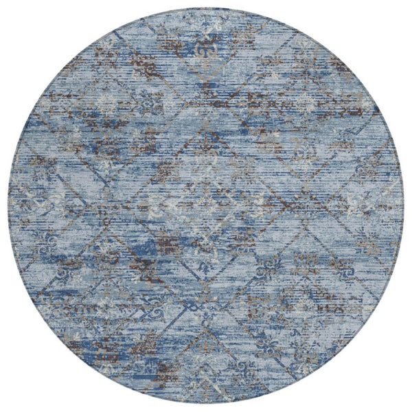 HomeRoots 8 Ft Round Geometric Polyester Area Rug Washable Sky Blue Ivory Indoor Outdoor 735702