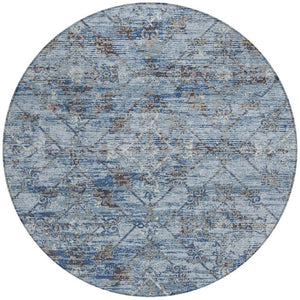 8 Ft Round Geometric Polyester Area Rug Washable Sky Blue Ivory Indoor Outdoor