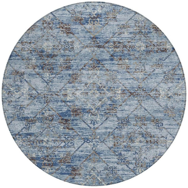 8 Ft Round Geometric Polyester Area Rug Washable Sky Blue Ivory Indoor Outdoor