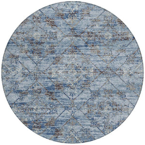 8 Ft Round Geometric Polyester Area Rug Washable Sky Blue Ivory Indoor Outdoor
