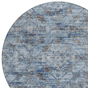8 Ft Round Geometric Polyester Area Rug Washable Sky Blue Ivory Indoor Outdoor