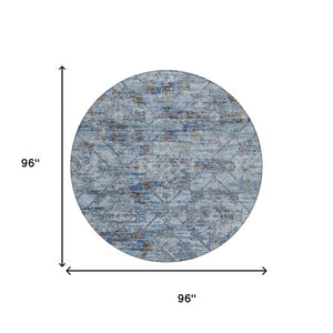 8 Ft Round Geometric Polyester Area Rug Washable Sky Blue Ivory Indoor Outdoor