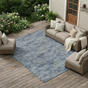 8 X 10 Sky Blue Ivory Geometric Polyester Washable Rug for Patio or Living Room