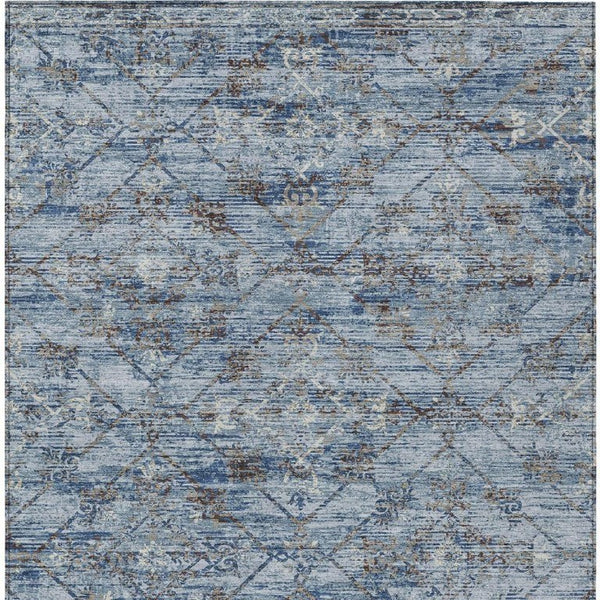 8 X 10 Sky Blue Ivory Geometric Polyester Washable Rug for Patio or Living Room