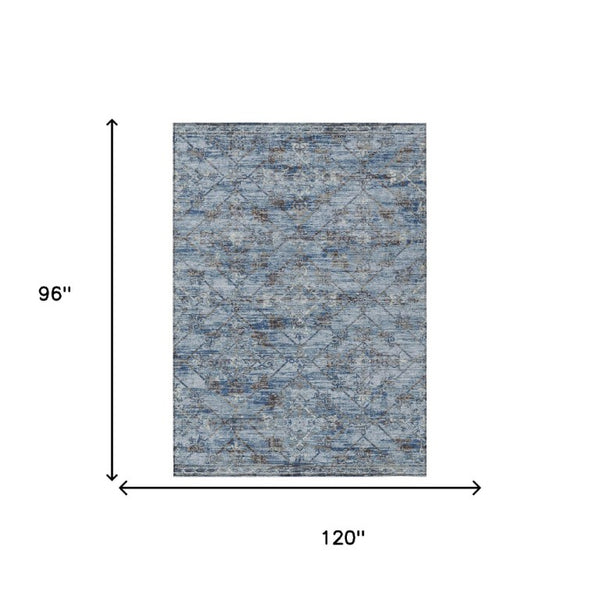 8 X 10 Sky Blue Ivory Geometric Polyester Washable Rug for Patio or Living Room