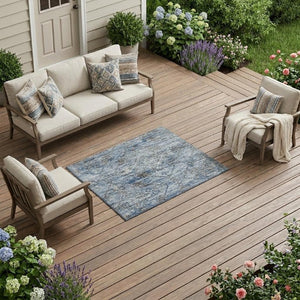10 Ft X 14 Ft Sky Blue Ivory Geometric Polyester Washable Indoor Outdoor Rug