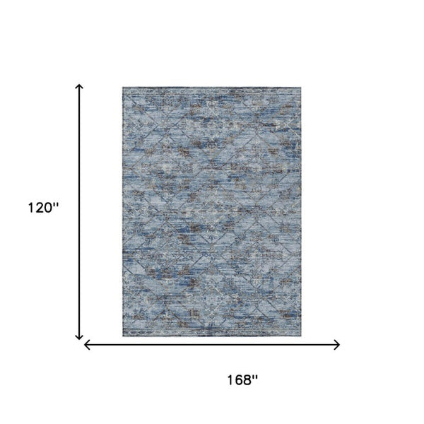 10 Ft X 14 Ft Sky Blue Ivory Geometric Polyester Washable Indoor Outdoor Rug