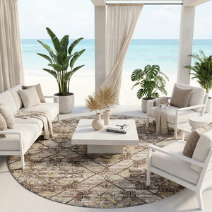 8 Foot Round Geometric Polyester Area Rug Washable and Stain Resistant for Indoor Outdoor Use