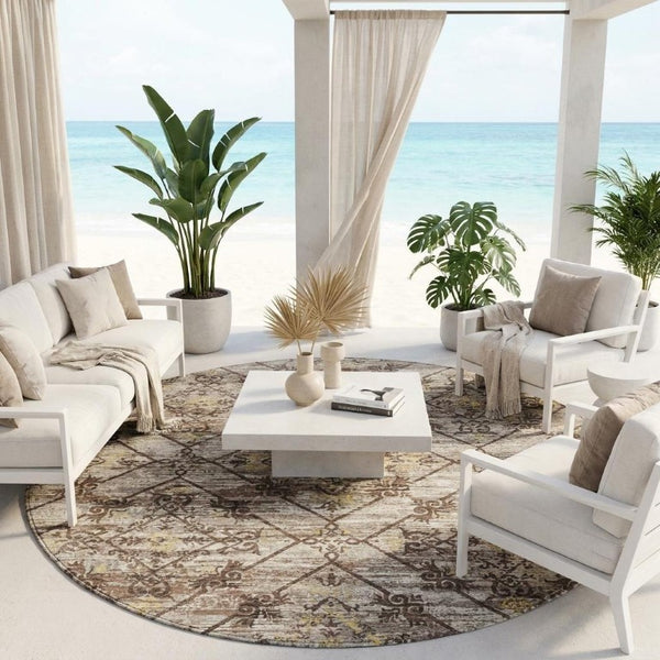 8 Foot Round Geometric Polyester Area Rug Washable and Stain Resistant for Indoor Outdoor Use