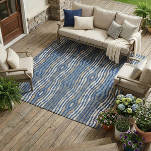 8 X 10 Abstract Blue Washable Polyester Area Rug for Indoor Outdoor Living Spaces