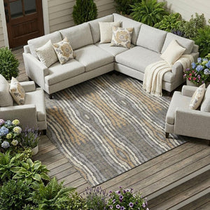9 X 12 Abstract Gray Ivory Polyester Area Rug Washable for Indoor Outdoor Use