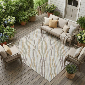 10 X 14 Abstract Ivory Brown Polyester Area Rug Washable for Indoor Outdoor Use