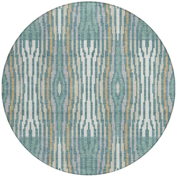 8 Ft Round Abstract Polyester Area Rug Washable Teal Aqua Indoor Outdoor Use
