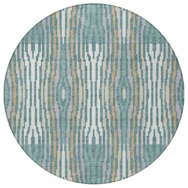 8 Ft Round Abstract Polyester Area Rug Washable Teal Aqua Indoor Outdoor Use
