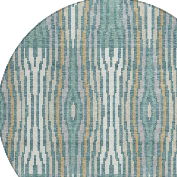 8 Ft Round Abstract Polyester Area Rug Washable Teal Aqua Indoor Outdoor Use