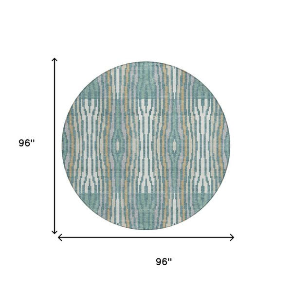 8 Ft Round Abstract Polyester Area Rug Washable Teal Aqua Indoor Outdoor Use