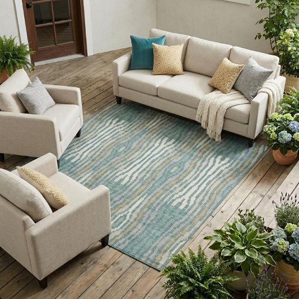 9x12 Teal Aqua Abstract Polyester Area Rug Washable Stain Resistant Indoor Outdoor Use