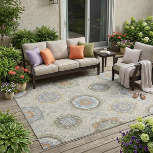 5x8 Beige Brown Floral Medallion Polyester Washable Indoor Outdoor Area Rug