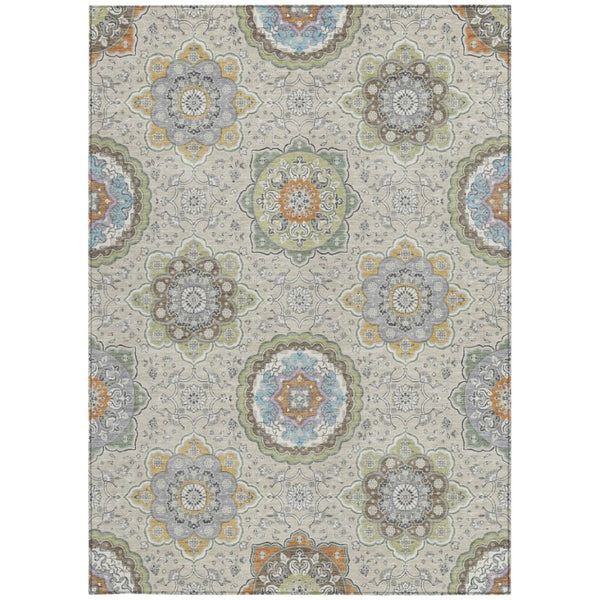 5x8 Beige Brown Floral Medallion Polyester Washable Indoor Outdoor Area Rug