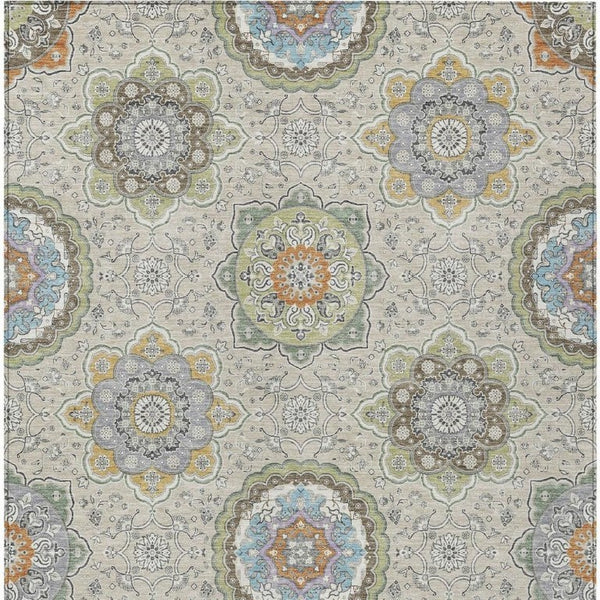 5x8 Beige Brown Floral Medallion Polyester Washable Indoor Outdoor Area Rug