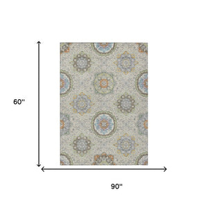5x8 Beige Brown Floral Medallion Polyester Washable Indoor Outdoor Area Rug