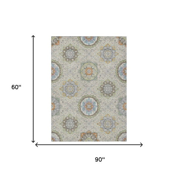 5x8 Beige Brown Floral Medallion Polyester Washable Indoor Outdoor Area Rug