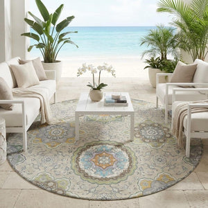 8 Foot Round Floral Medallion Polyester Area Rug Washable Indoor Outdoor Patio