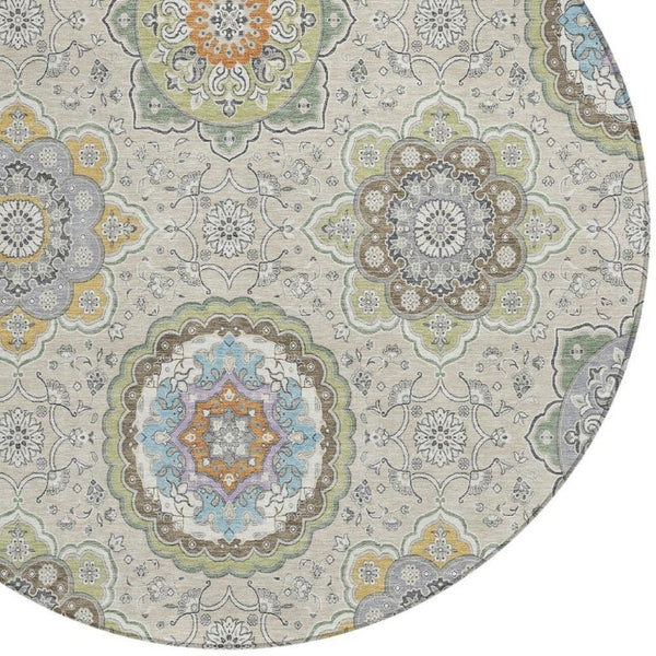 8 Foot Round Floral Medallion Polyester Area Rug Washable Indoor Outdoor Patio