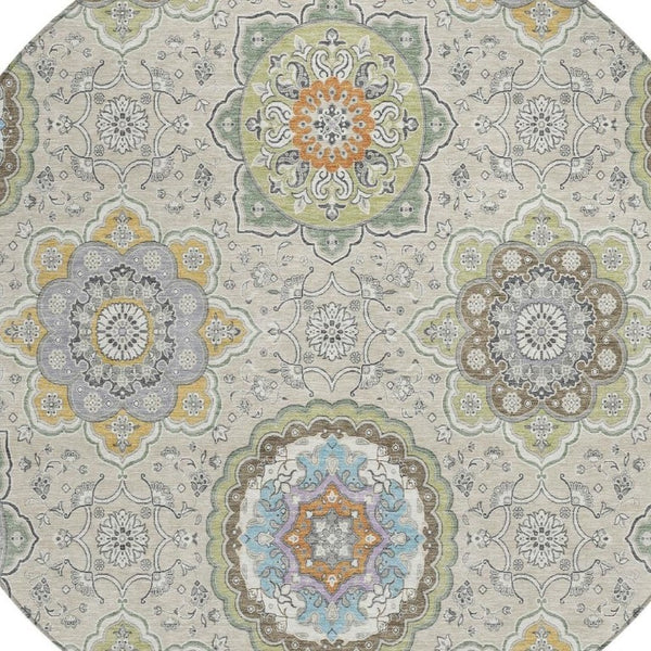 8 Foot Round Floral Medallion Polyester Area Rug Washable Indoor Outdoor Patio