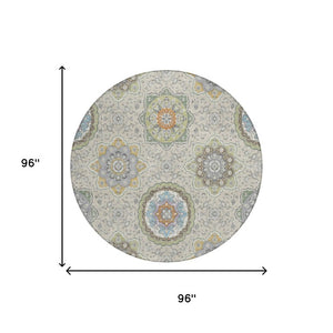 8 Foot Round Floral Medallion Polyester Area Rug Washable Indoor Outdoor Patio