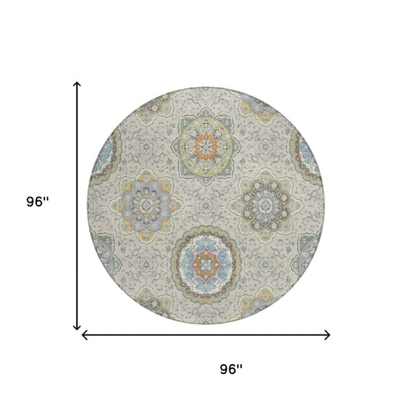 8 Foot Round Floral Medallion Polyester Area Rug Washable Indoor Outdoor Patio