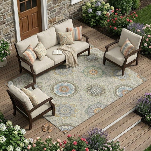 8 X 10 Beige Brown Floral Medallion Polyester Washable Indoor Outdoor Area Rug