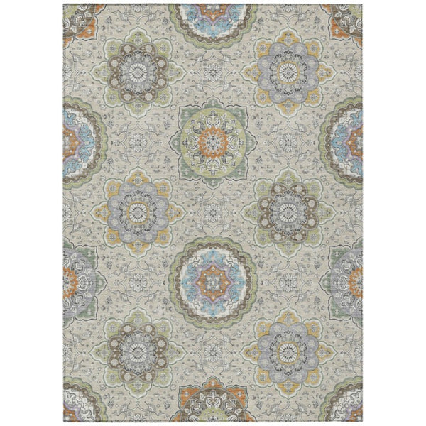 HomeRoots 8 X 10 Beige Brown Floral Medallion Polyester Washable Indoor Outdoor Area Rug 735757
