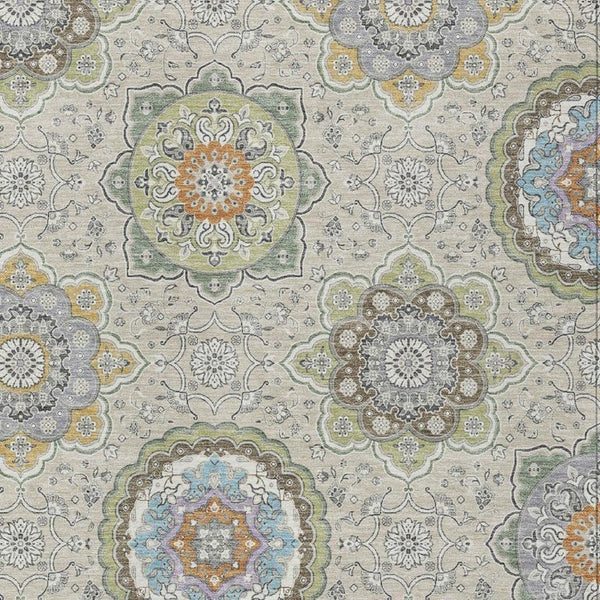 8 X 10 Beige Brown Floral Medallion Polyester Washable Indoor Outdoor Area Rug