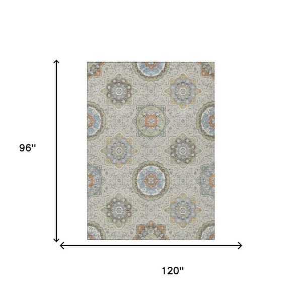 8 X 10 Beige Brown Floral Medallion Polyester Washable Indoor Outdoor Area Rug