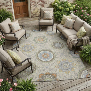 10 X 14 Beige Brown Medallion Floral Polyester Washable Indoor Outdoor Area Rug
