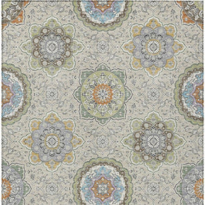 10 X 14 Beige Brown Medallion Floral Polyester Washable Indoor Outdoor Area Rug