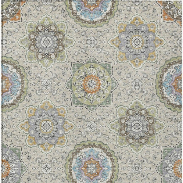 10 X 14 Beige Brown Medallion Floral Polyester Washable Indoor Outdoor Area Rug