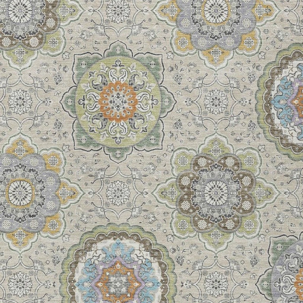10 X 14 Beige Brown Medallion Floral Polyester Washable Indoor Outdoor Area Rug