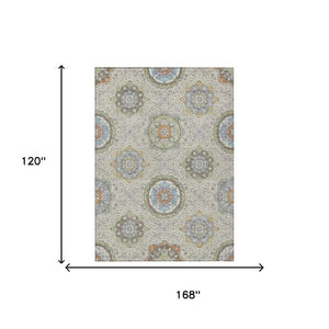 10 X 14 Beige Brown Medallion Floral Polyester Washable Indoor Outdoor Area Rug