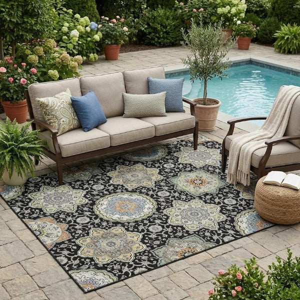 5x8 Floral Medallion Polyester Area Rug Washable Stain Resistant Indoor Outdoor