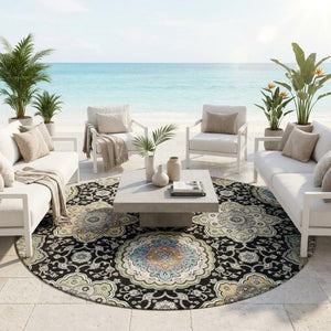 8 Foot Round Floral Medallion Polyester Rug Washable for Indoor Outdoor Spaces
